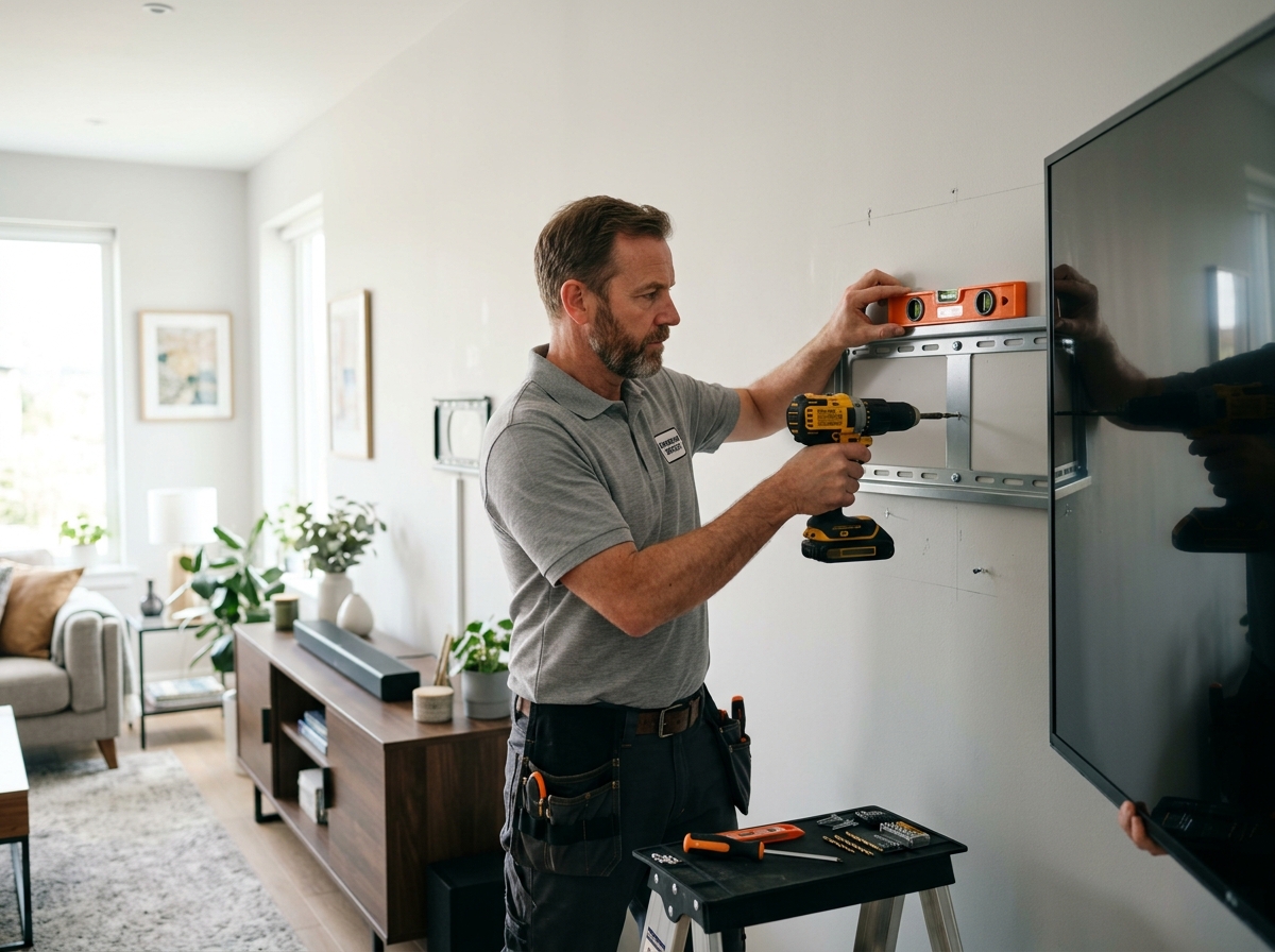 TV mounted level and secure on a living room wall