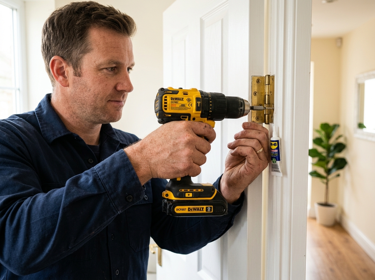 Handyman repairing a cabinet hinge