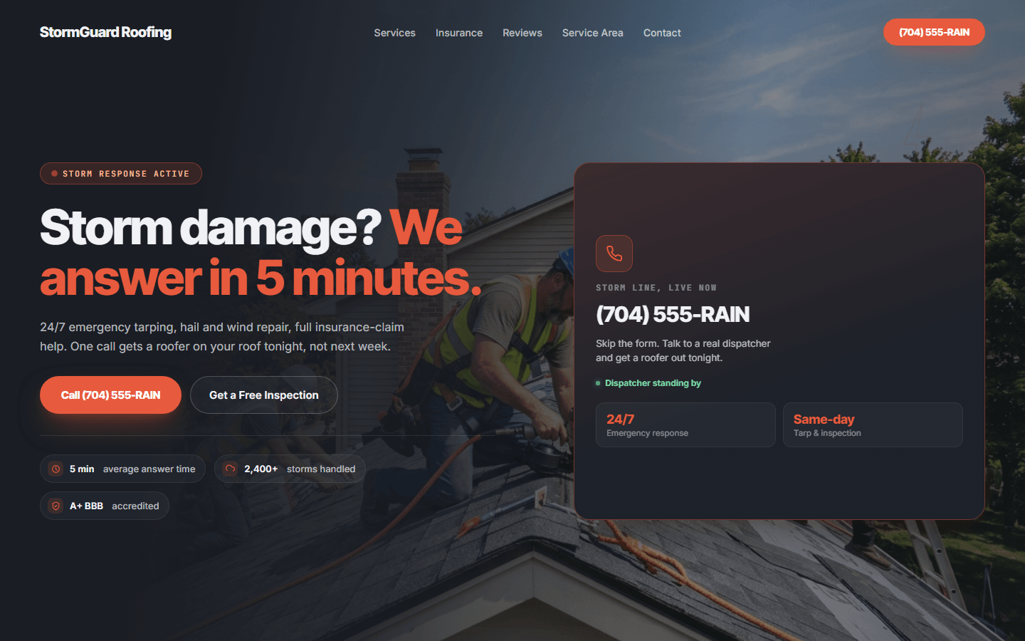 Roofing Storm Damage Page, real preview screenshot